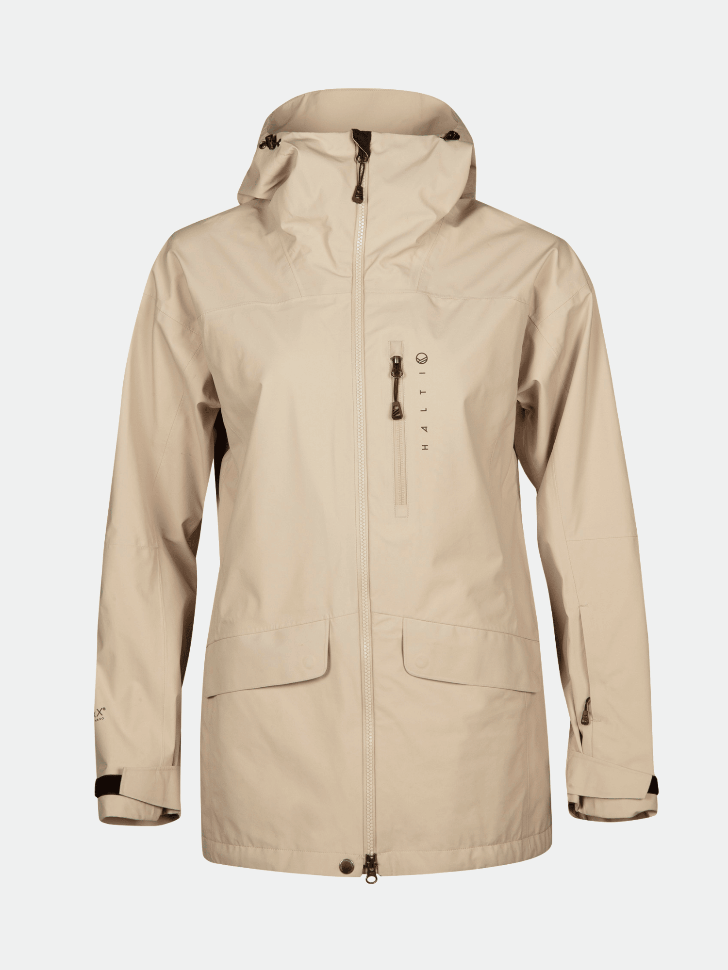 Halti Settler 3L DrymaxX ski jacket for women with front zipper, pockets, and adjustable cuffs in beige.