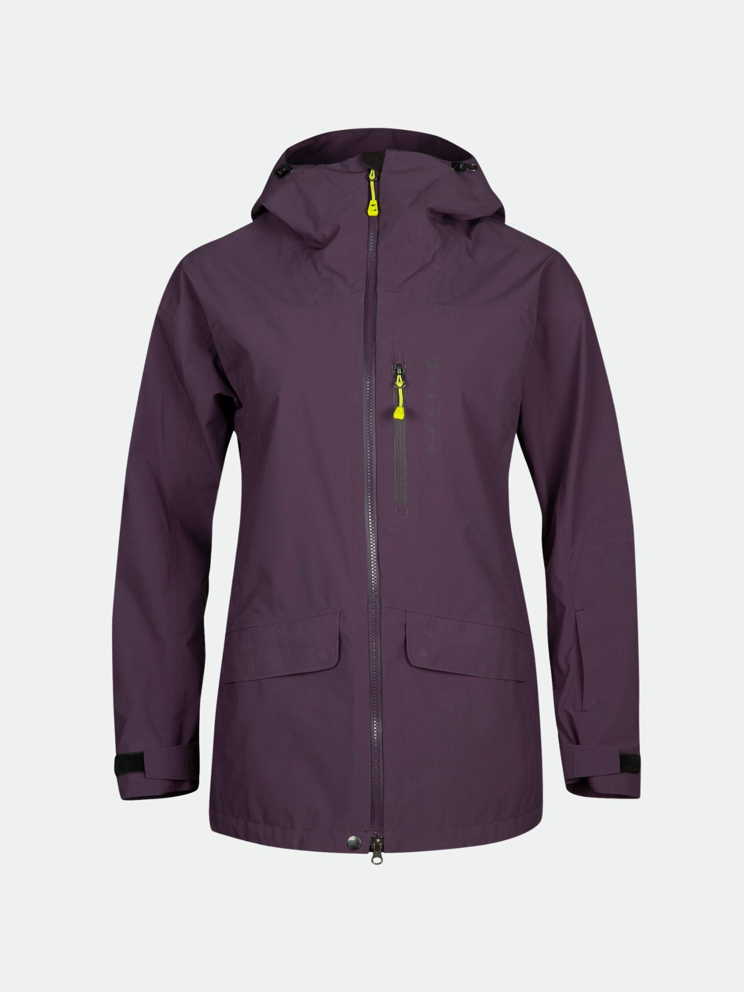 A purple Halti Settler 3L DrymaxX ski jacket for women with front zipper, large pockets, and adjustable cuffs.