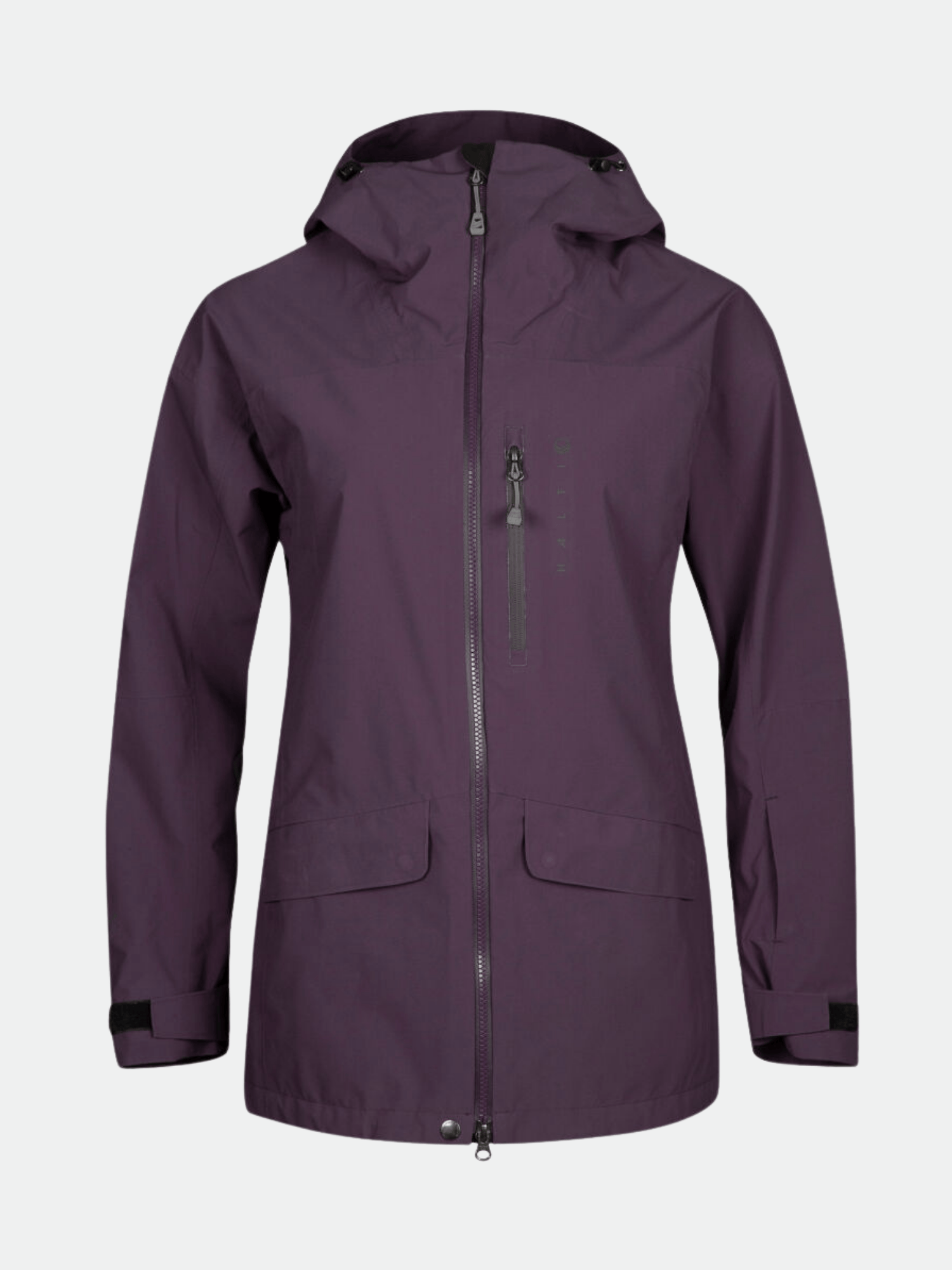 The Halti Settler 3L DrymaxX Ski Jacket Womens in dark purple, hooded with front zipper and pockets on display.