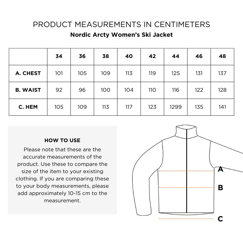 Size chart for Halti Nordic Arcty Ski Jacket Womens; chest, waist, hem (cm). Made with DrymaxX® Ultimate fabric.