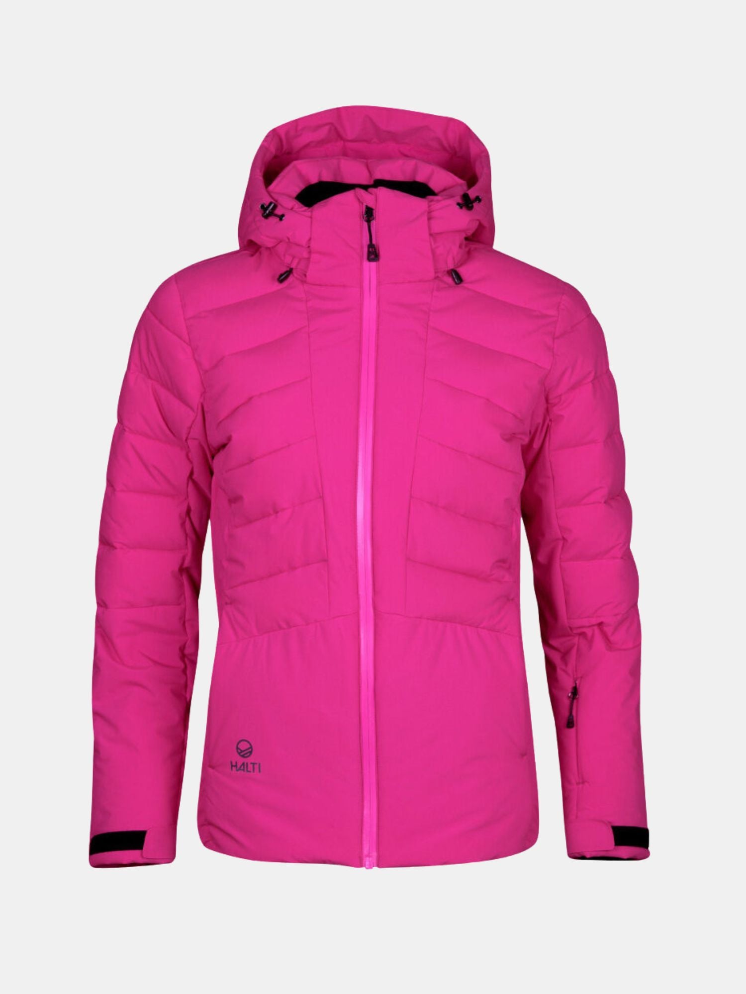 The Halti Nordic Lite Ski Jacket Women's is bright pink, insulated, with a hood, front zip, and two zippered side pockets.