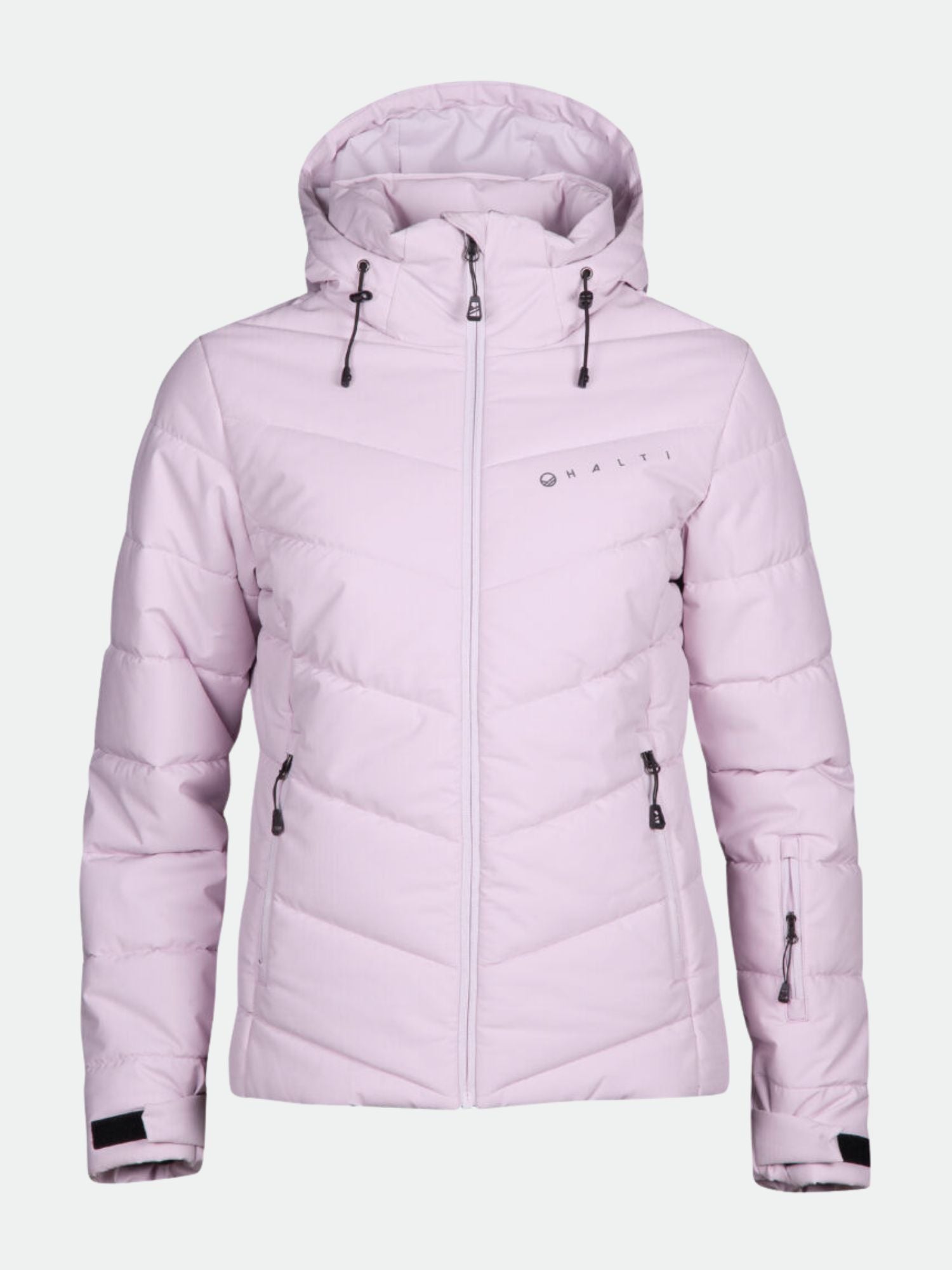 Halti Mellow Puffer Ski Jacket for women in light pink with hood, front zip, zip pockets, and logo for warmth.