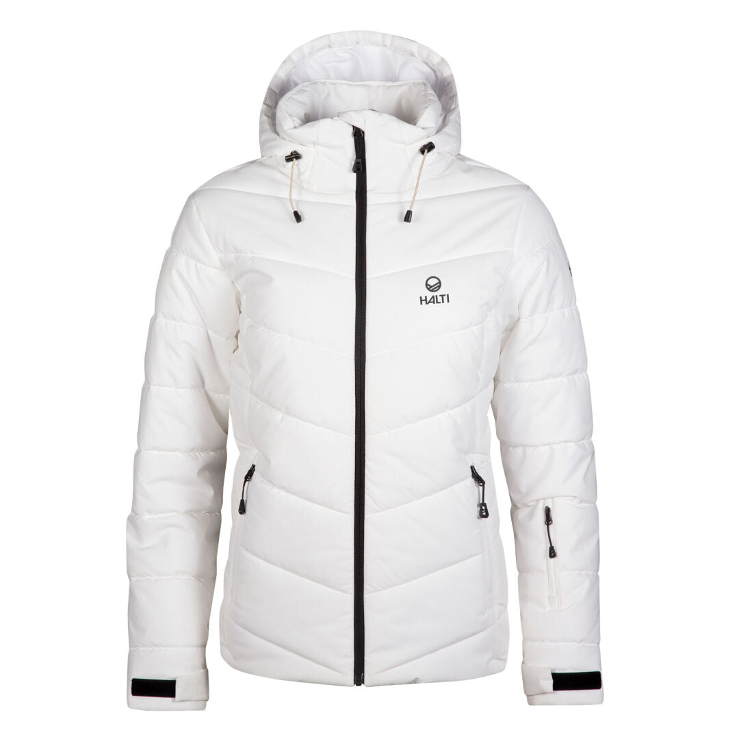 Halti Mellow Puffer Ski Jacket Womens: thermal insulation, hood, black zippers, Halti logo on chest.