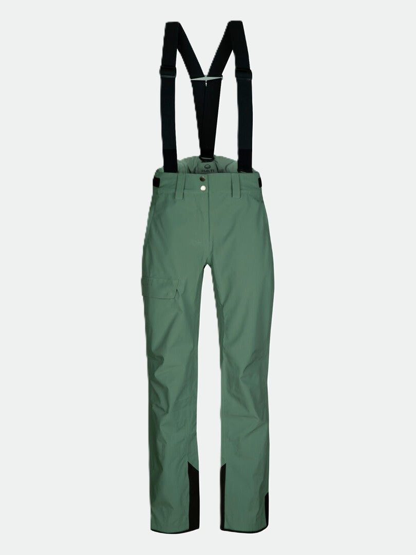 Halti Settler 3L DrymaxX Womens ski pants in green with black suspenders and reinforced cuffs, against a light background.