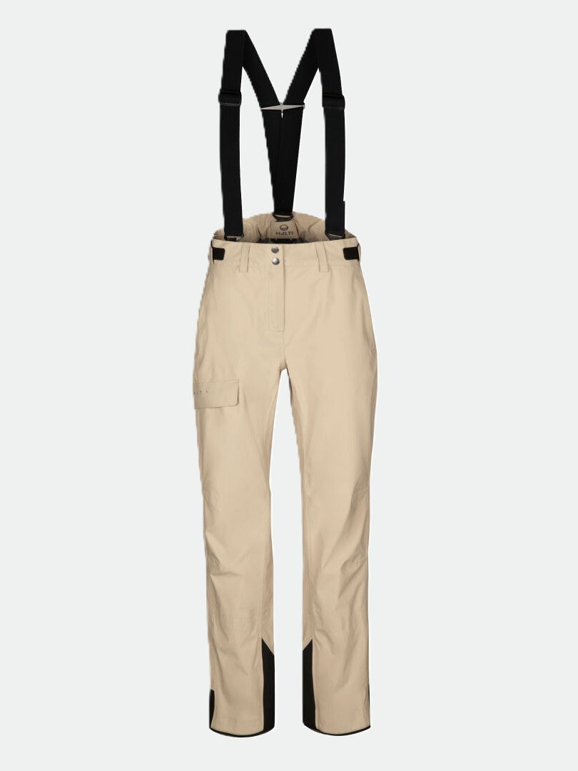Halti Settler 3L DrymaxX Womens beige ski pants with black suspenders, side pocket, and reinforced inner ankles.
