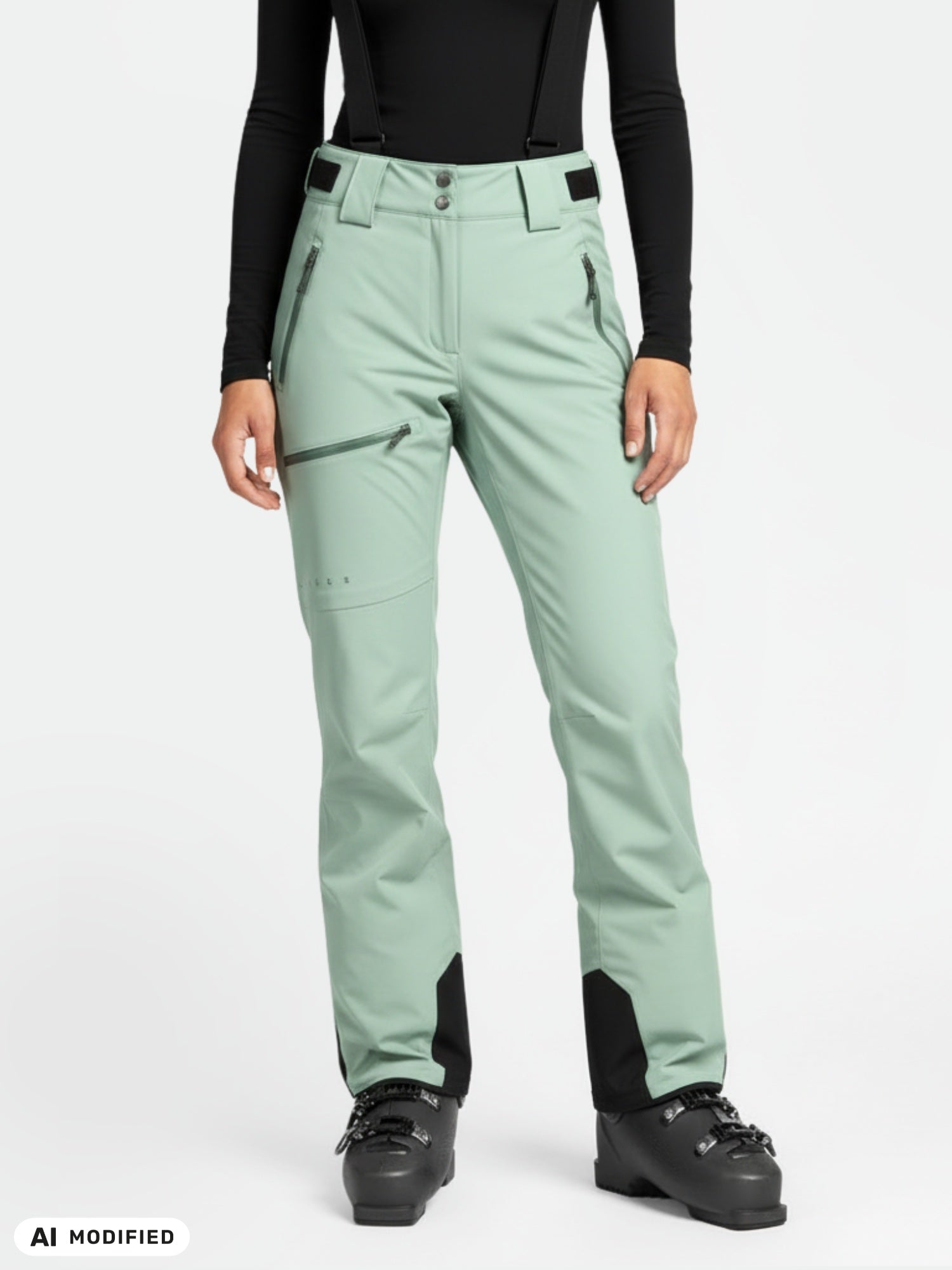 Person in Halti Carvey DX Women's mint green ski pants, black top, and ski boots stands against a plain background.