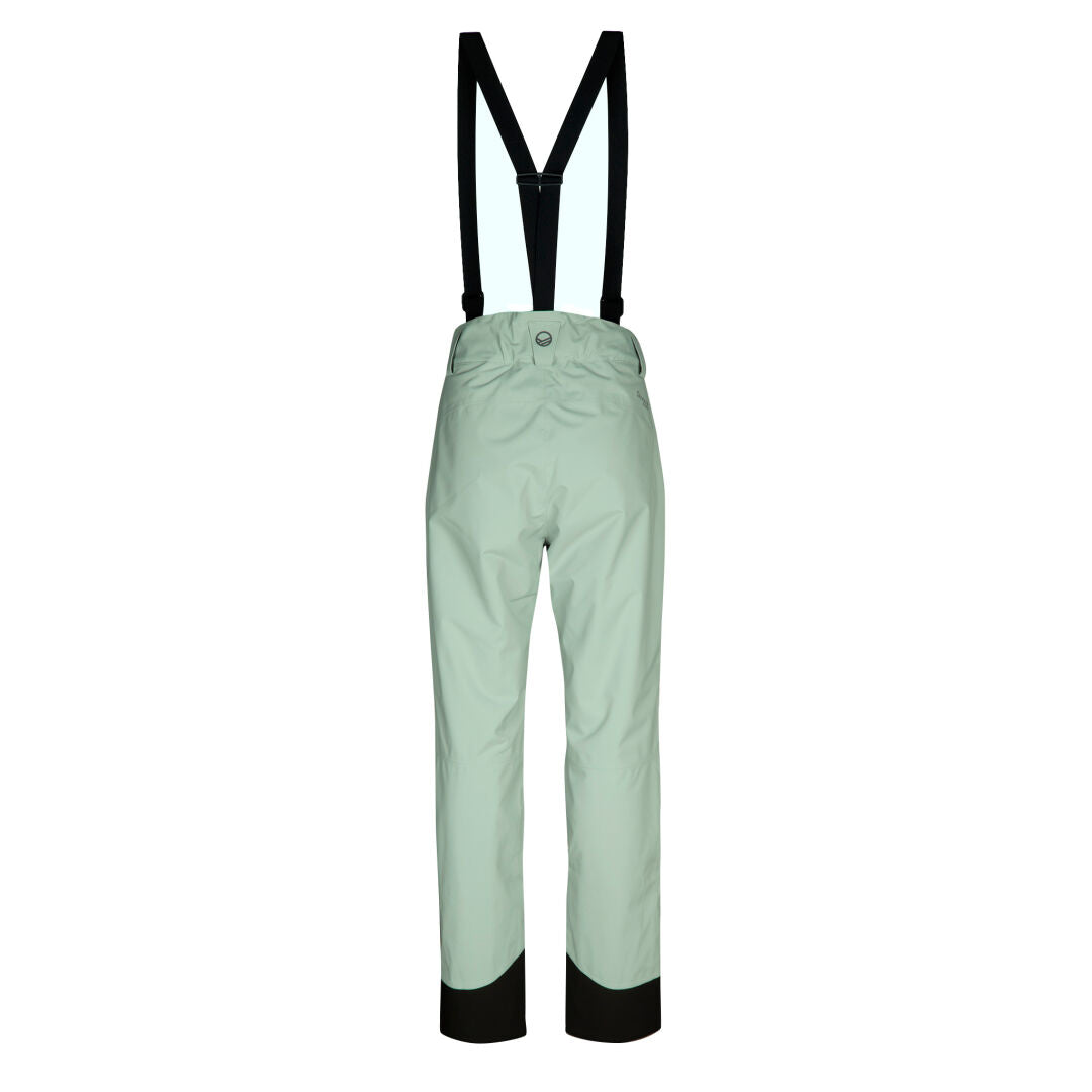 Halti Carvey DrymaxX® Womens ski pants in light gray with black suspenders and reinforced cuffs, shown on white.
