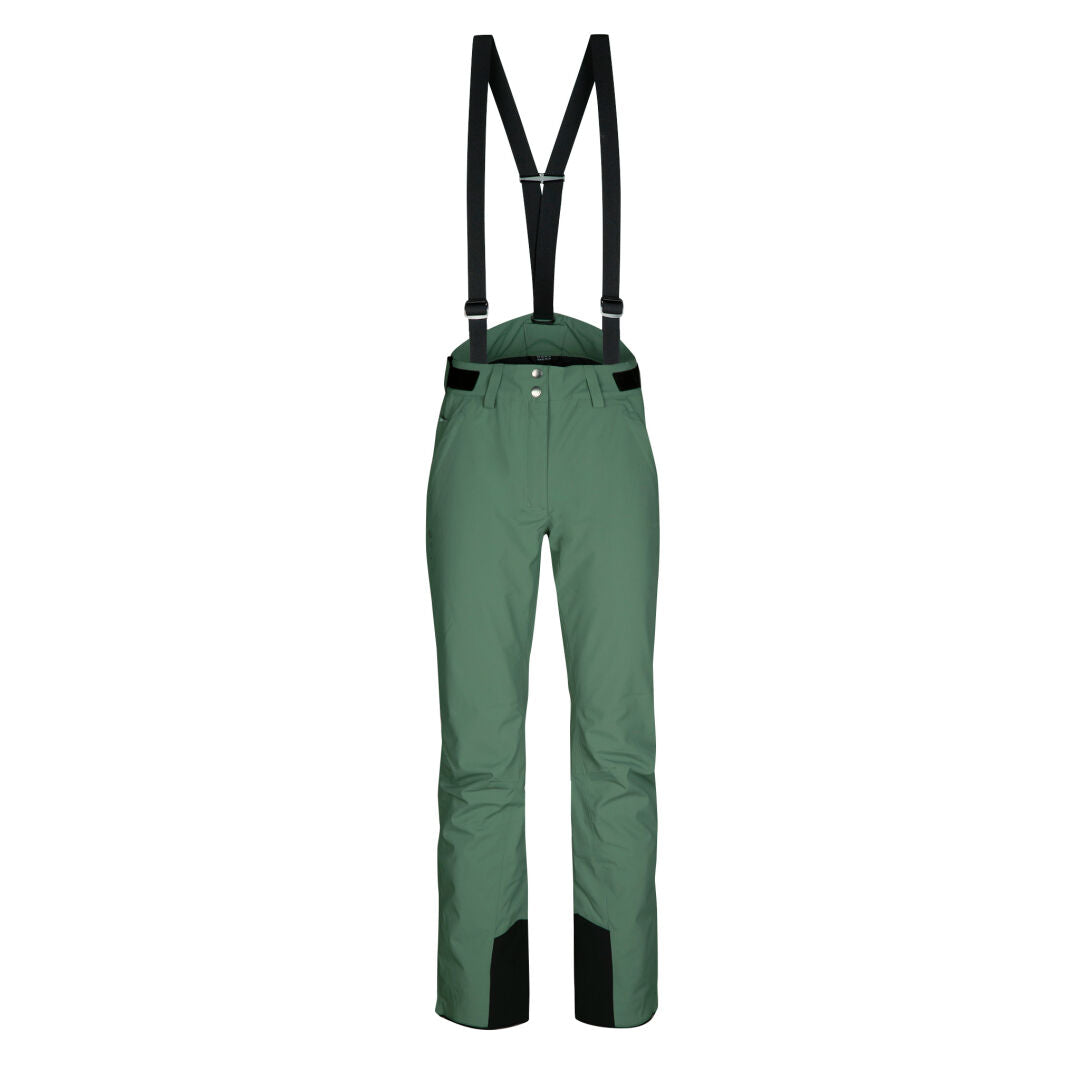Halti Trusty DrymaxX Ski Pants Womens: green, black suspenders, belt loops, waterproof, reinforced ankles.