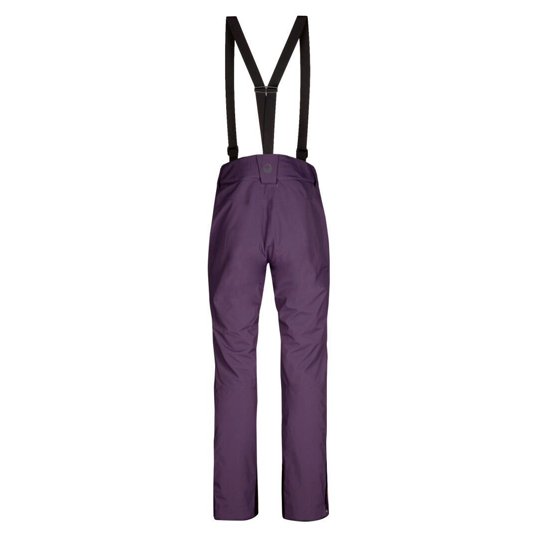 Halti Trusty DrymaxX Ski Pants Womens in purple with black suspenders, back view on white.