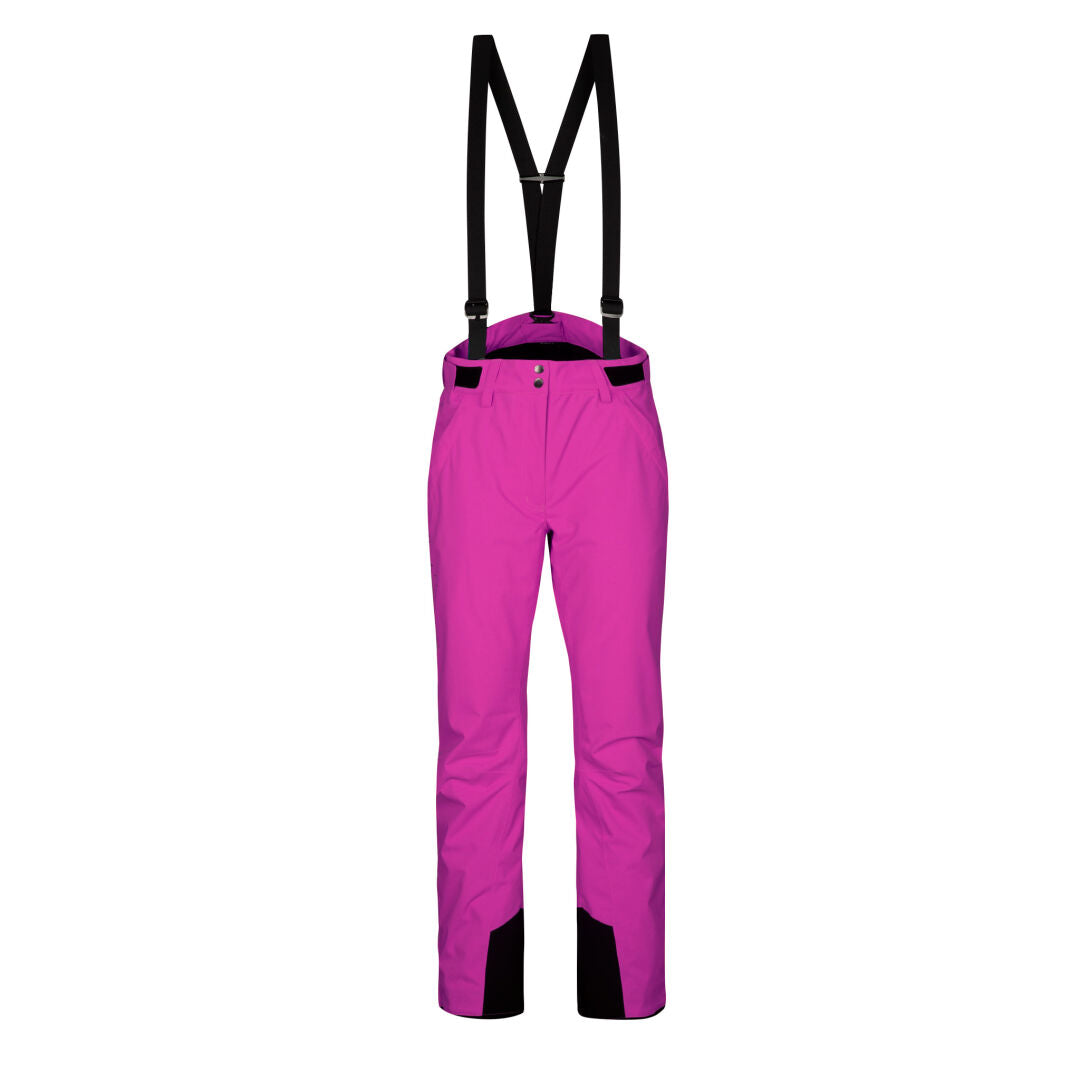 Halti Trusty DrymaxX Ski Pants Womens: bright pink, black suspenders, ankle patches, waterproof for winter sports.