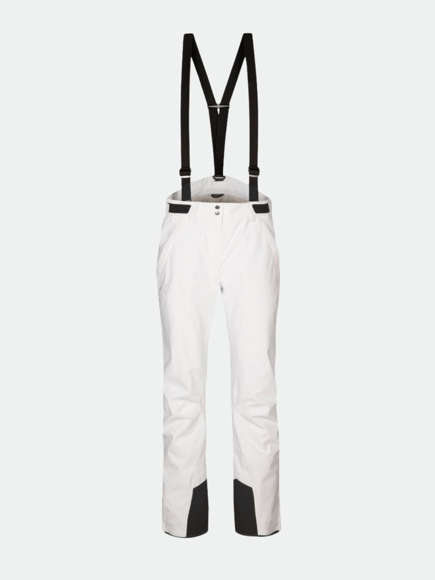 Halti Trusty DX Ski Pants Women's, white, waterproof with black suspenders and reinforced ankles, shown on plain background.
