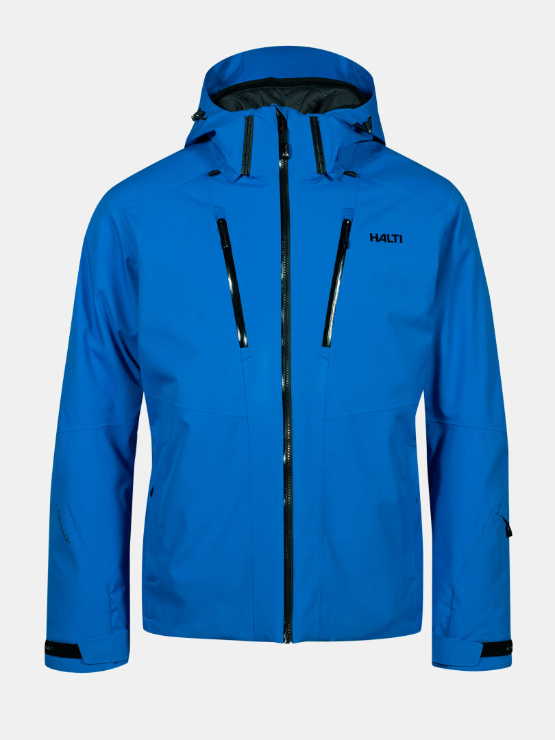 Bright blue Halti Vertica DX Ski Jacket Men’s featuring a hood, black zippers, and a front chest logo.
