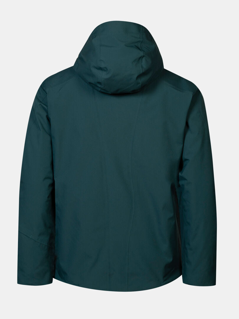 Back view of a dark green, waterproof Halti Vertica DX Ski Jacket Men’s with a hood.