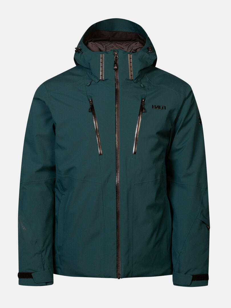 Dark green waterproof Halti Vertica DX Ski Jacket Men’s featuring a full-length zipper and two chest pockets.