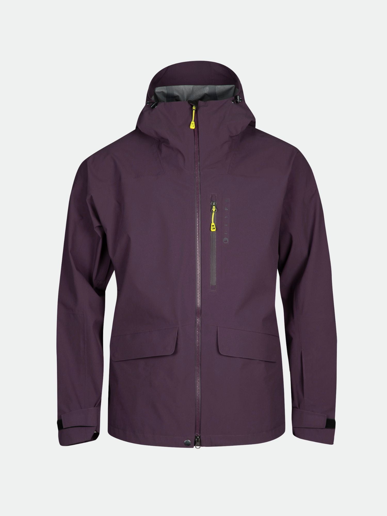 Halti Settler 3L DX Ski Jacket Men's in purple with front zipper, two pockets, and adjustable cuffs on plain background.