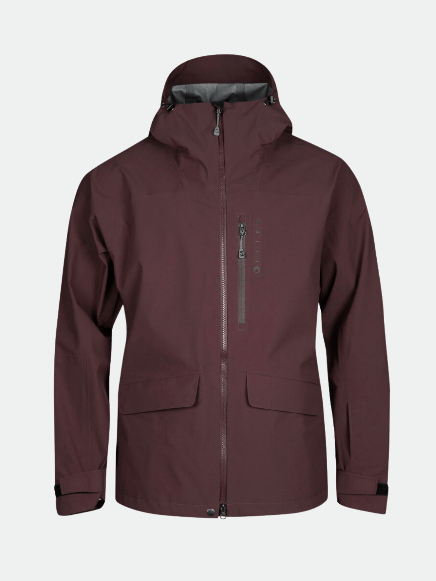 The Halti Settler 3L DrymaxX mens jacket is maroon with a hood, front zip, chest pocket, 2 lower pockets, and adjustable cuffs.