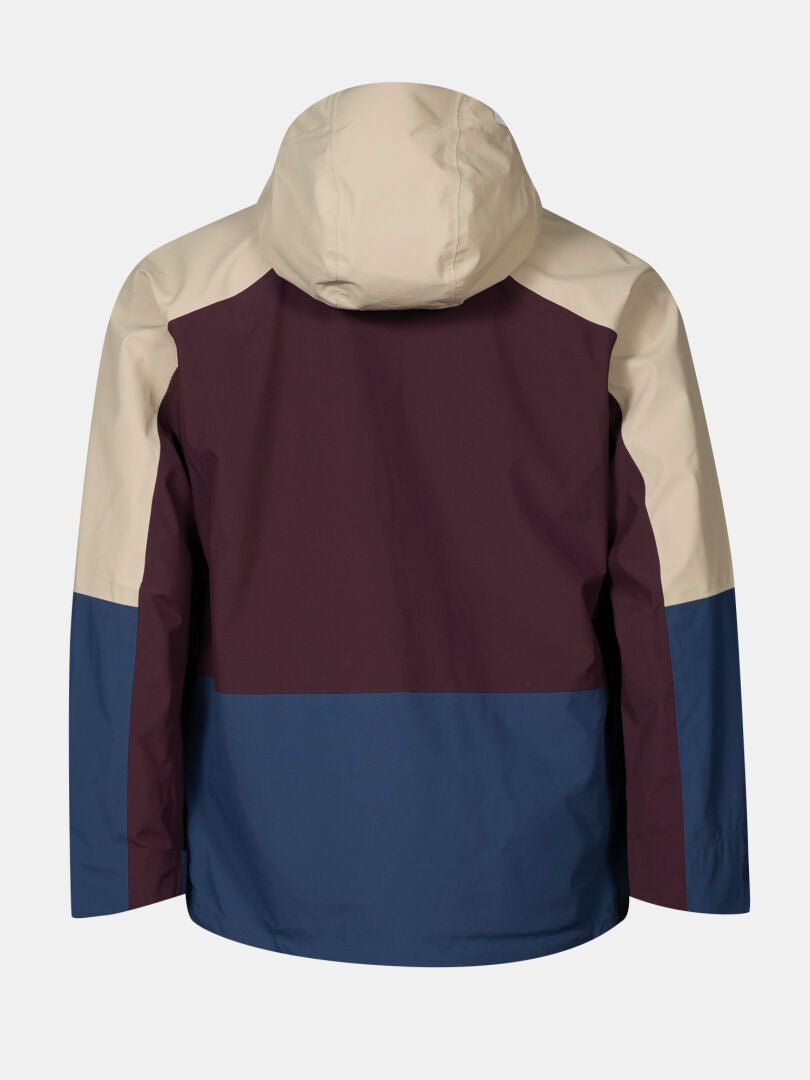The Halti Settler 3L DX Men's Ski Jacket features a color-blocked hood and beige, maroon, and navy panels, shown from the back.