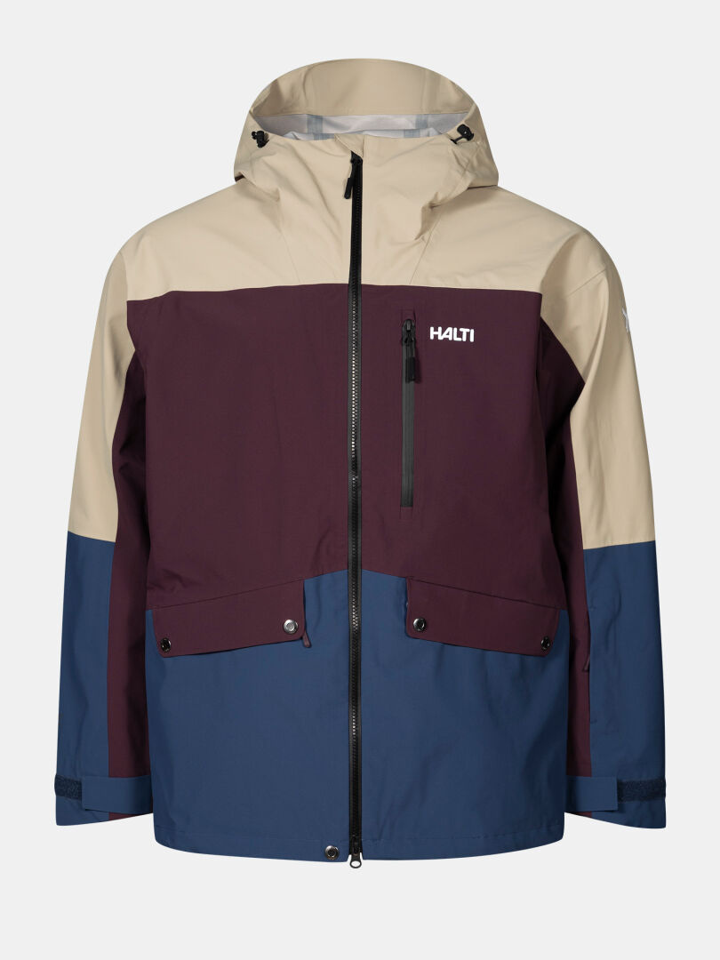 The Halti Settler 3L DX Men's Ski Jacket features beige, burgundy, blue panels, a hood, front zip, and chest logo.