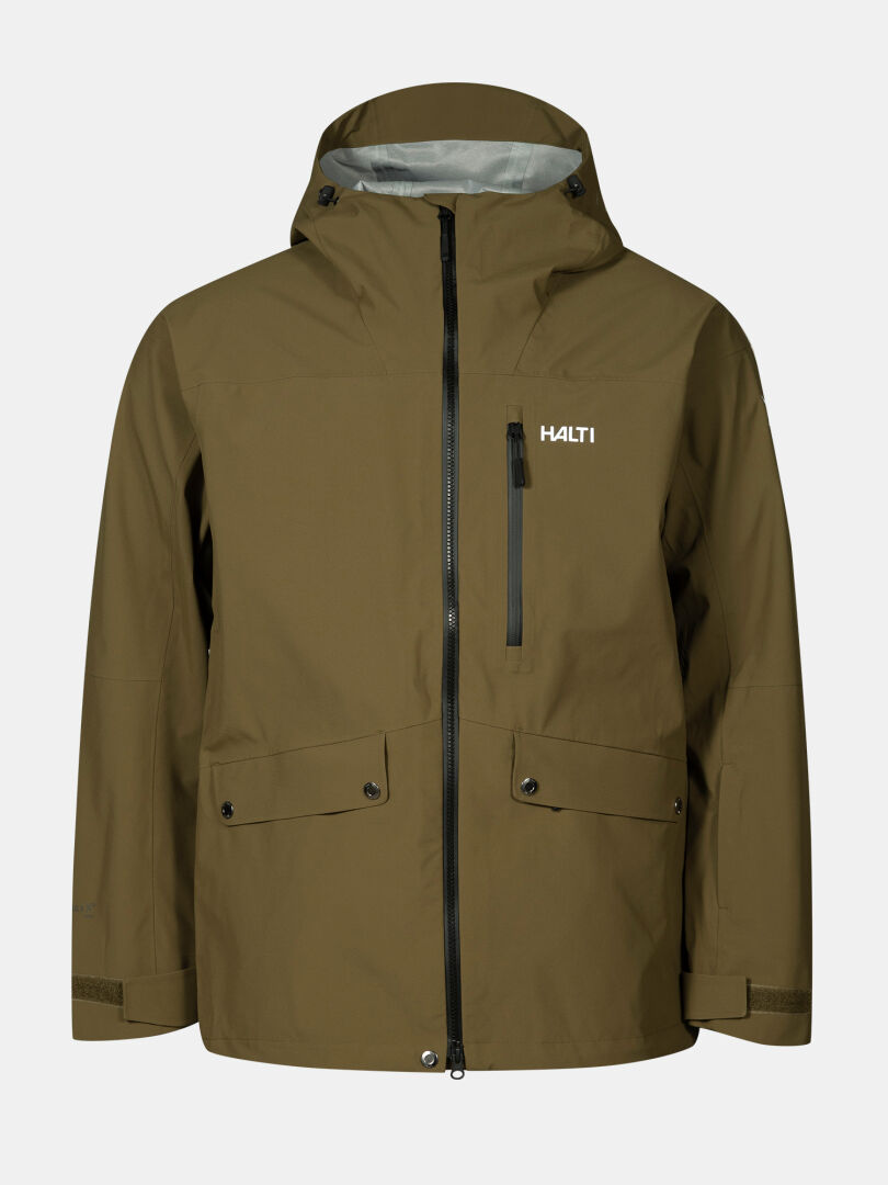 Halti Settler 3L DX Men's ski jacket in olive green with black zipper, chest pocket, two flap pockets, and chest logo.