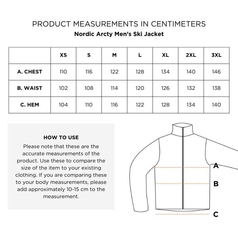 Size chart for Halti Nordic Arcty Ski Jacket Mens with stitch-free insulation, chest, waist & hem in cm.