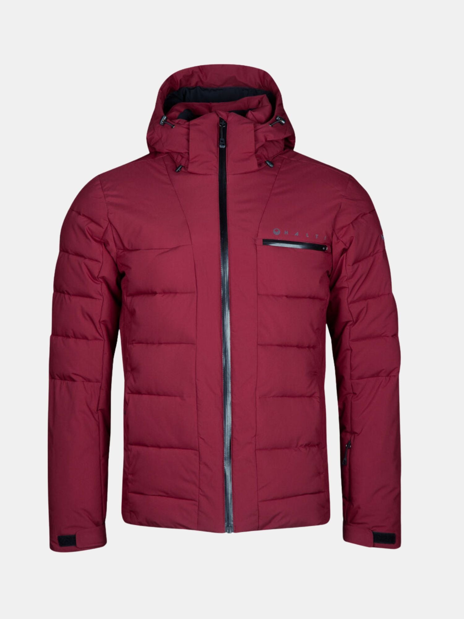 The Halti Nordic Lite Ski Jacket Men's in maroon features a hood, front zipper, chest pocket, and adjustable cuffs.