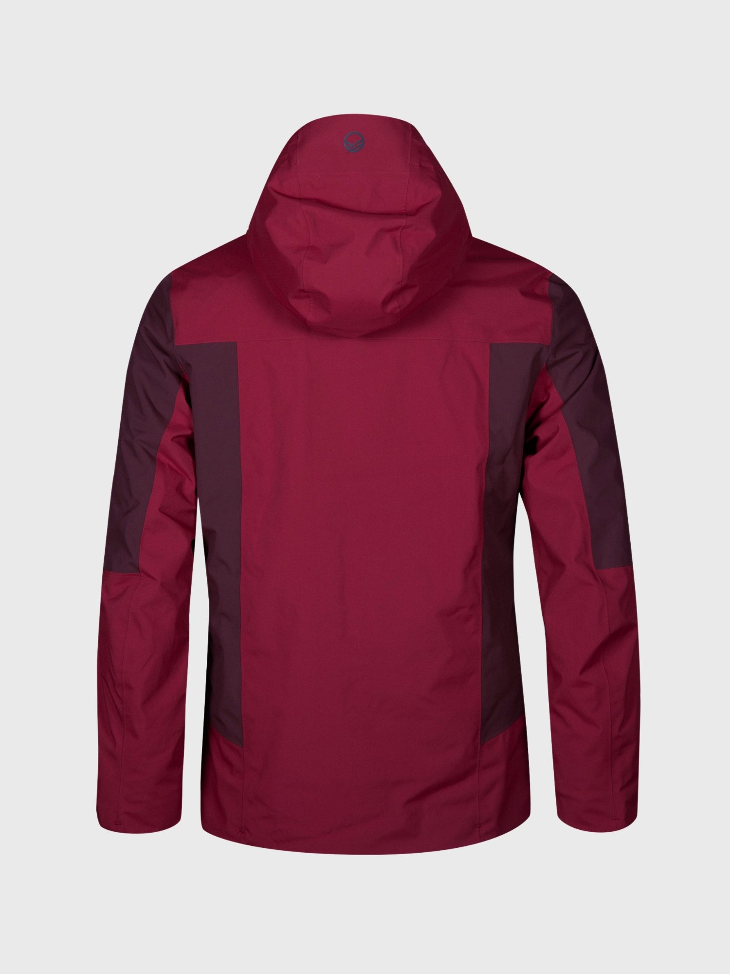 Back view of Halti Planker DrymaxX Men’s Ski Jacket in maroon with dark panels, made from recycled polyester.