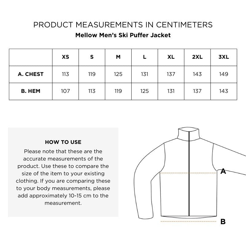 Halti Mellow Puffer Ski Jacket Mens size chart: chest, hem, diagram, measuring tips, and waterproof ski fabric info.