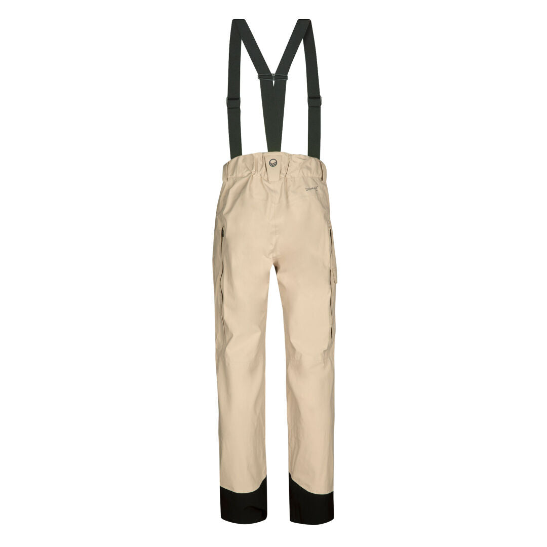 Halti Settler 3L DX Men's beige waterproof ski pants with black suspenders and reinforced cuffs on white background.