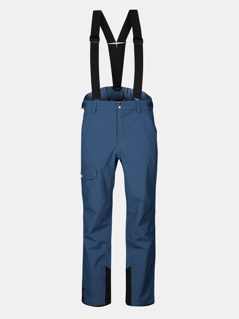 Halti Settler 3L DX Men's ski pants: blue, waterproof, breathable, with black suspenders and reinforced cuffs.