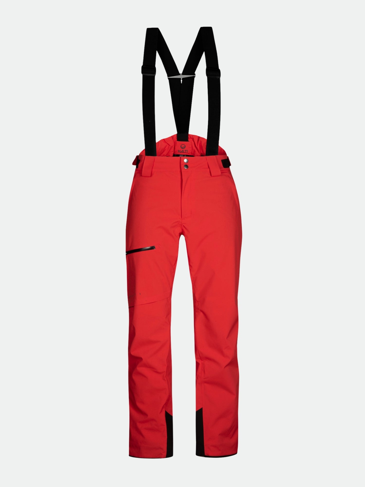 Halti Carvey DX Men’s Ski Pants: red, waterproof, breathable, side zip pocket, reinforced cuffs, adjustable waist.