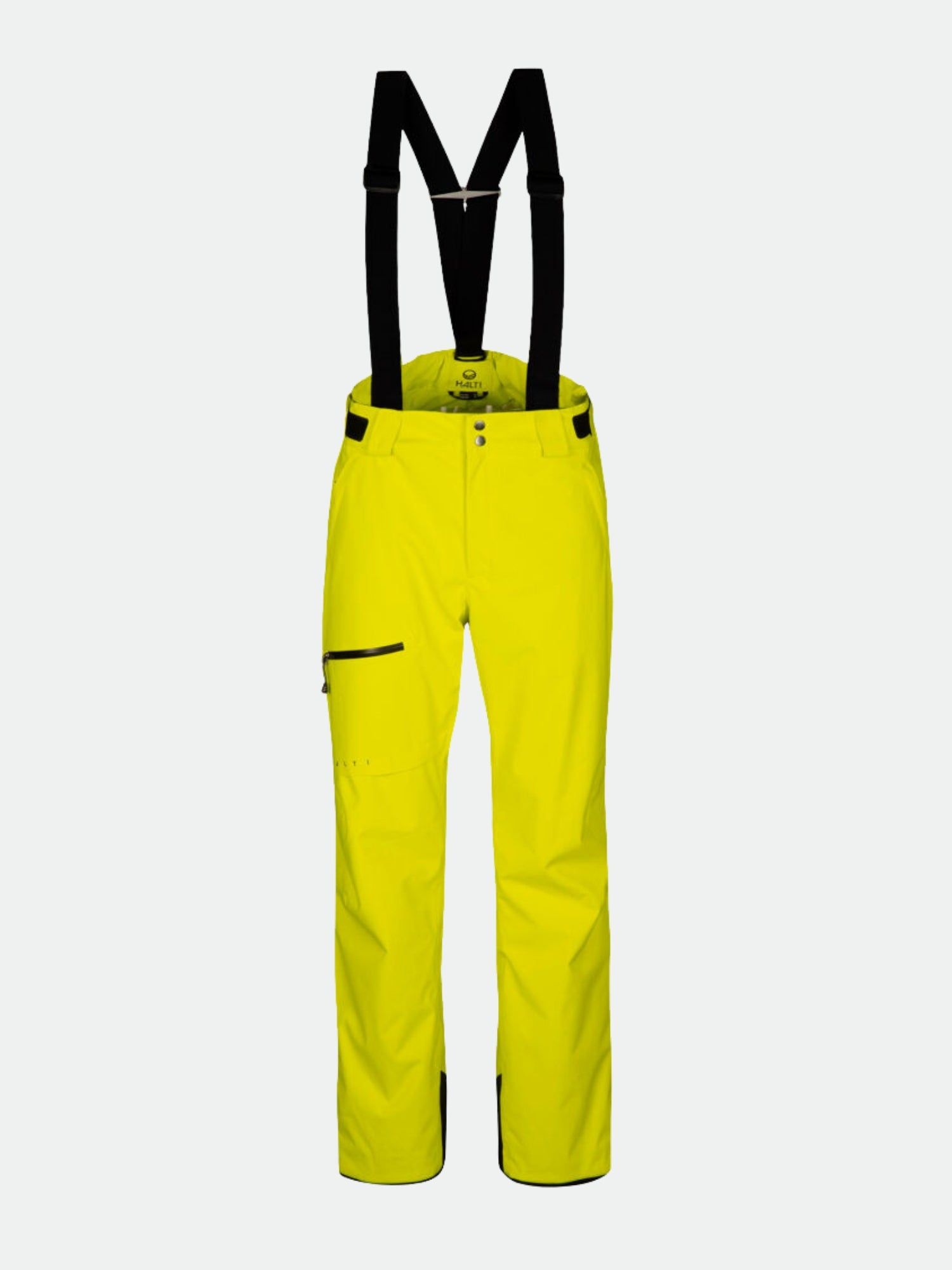 Halti Carvey DX Men’s Ski Pants: bright yellow, black suspenders/trim, waterproof, breathable, zippered thigh pocket.