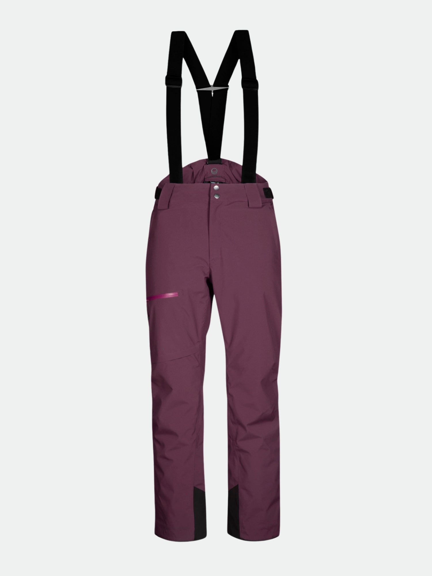 Halti Carvey DX Men’s Ski Pants: purple with black suspenders, waterproof, button closure, reinforced cuffs.