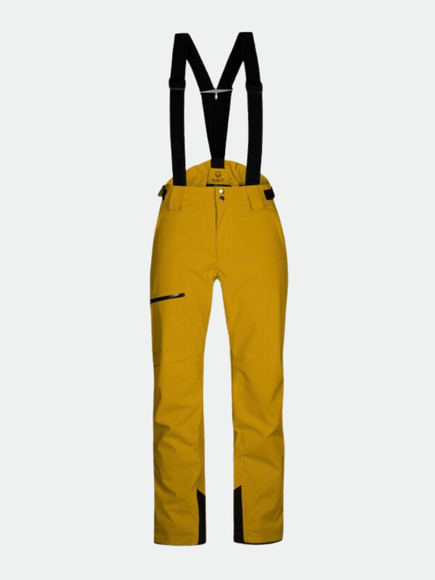 Halti Carvey DrymaxX men's ski pants with black suspenders, front button, zip pocket, and ankle patches.