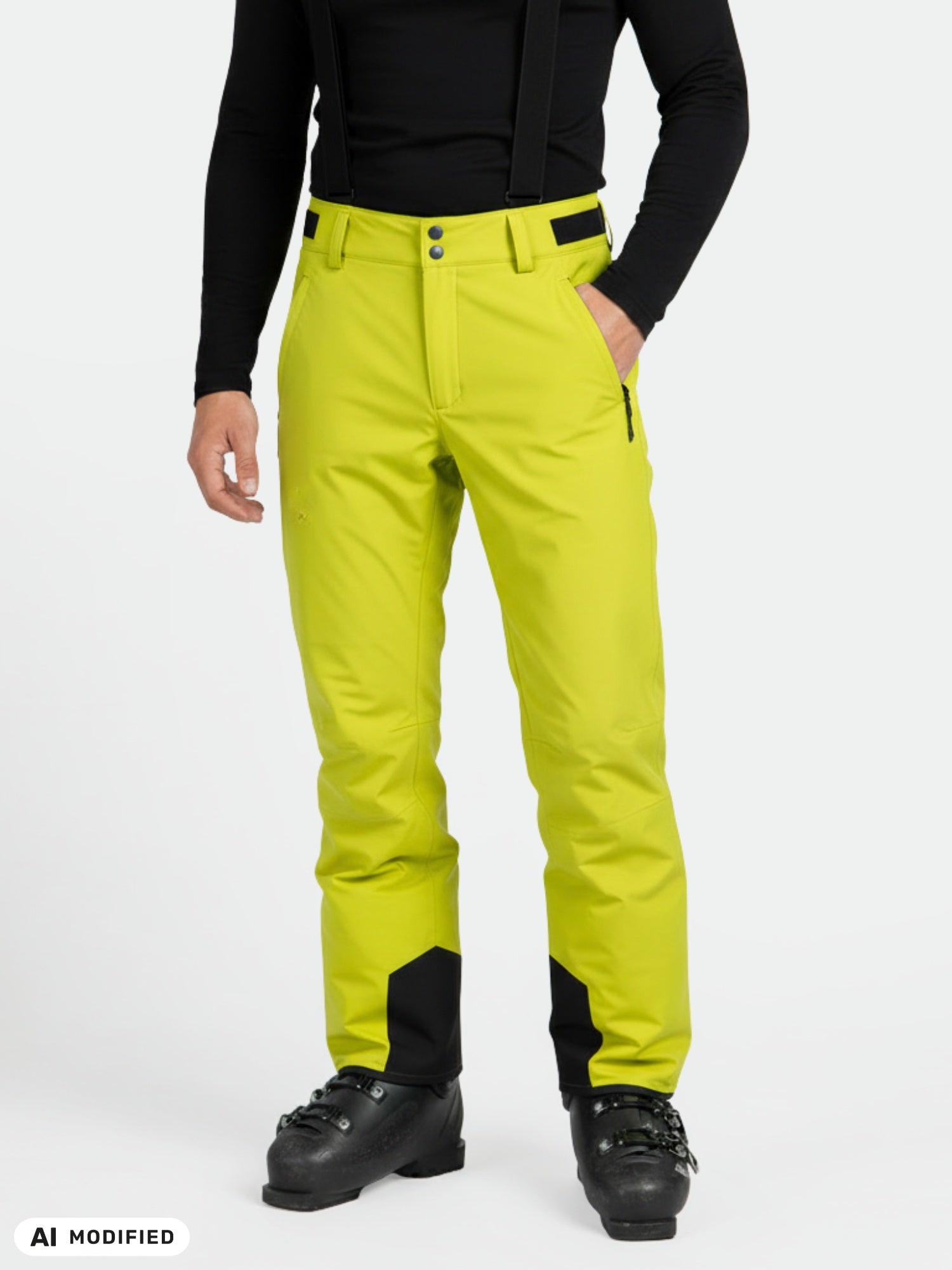 A person in Halti Trusty DX Ski Pants Men's (bright yellow), black suspenders, boots, and a long-sleeve black top.