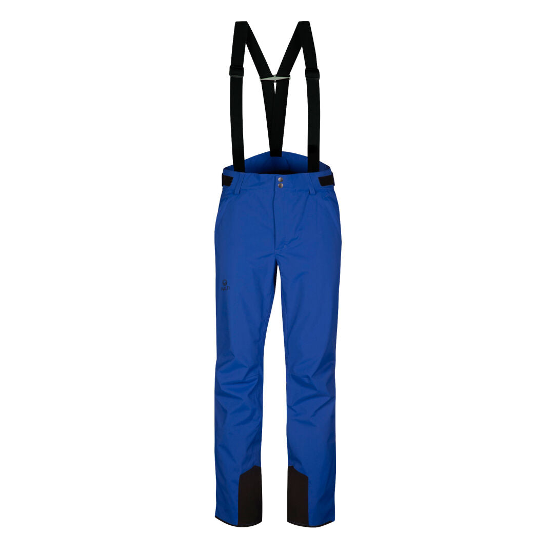 Halti Trusty DrymaxX Ski Pants Men’s in bright blue with black suspenders and reinforced cuffs, shown on white background.