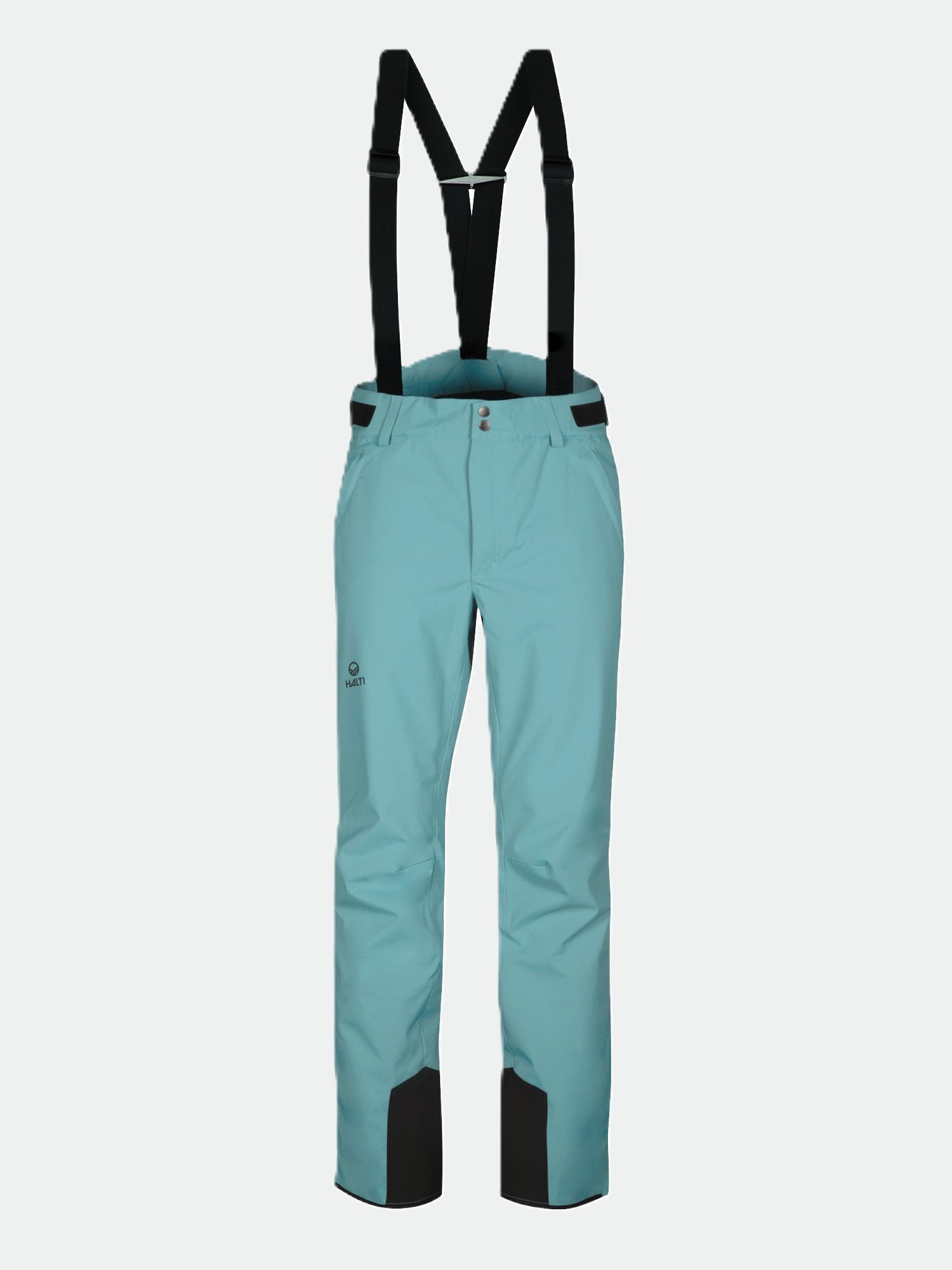 Halti Trusty DrymaxX Women's ski pants in light blue with black suspenders, waterproof fabric, and reinforced cuffs.