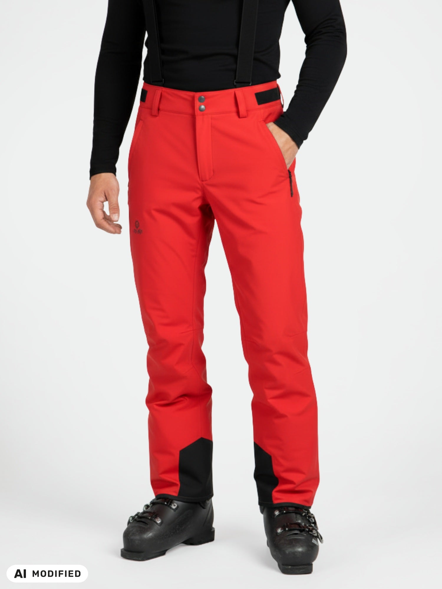 Model wearing Halti Trusty DX Ski Pants for men in red with black suspenders, boots, and shirt against a white background.