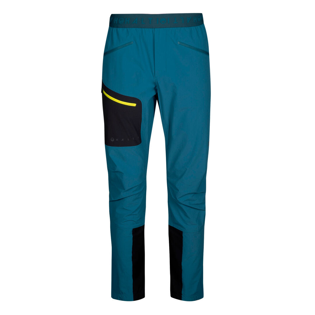 Halti Adrenaline Lite Pants Men's: teal, breathable, black knee patches, zippered pockets, yellow left thigh accent.