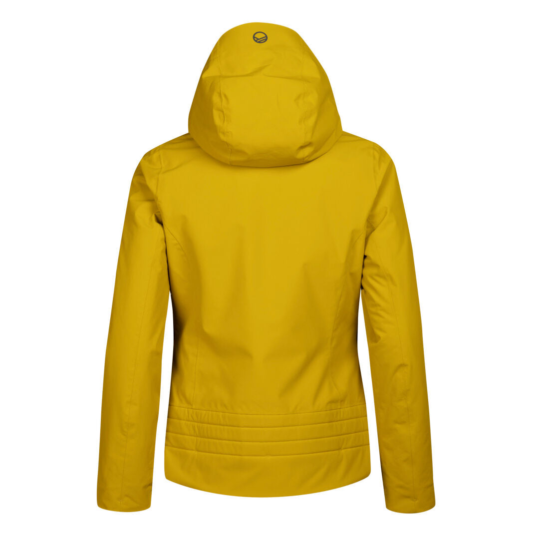 The Halti Radius DrymaxX Womens Ski Jacket in yellow, made of recycled polyester, features a circular logo on the hood.