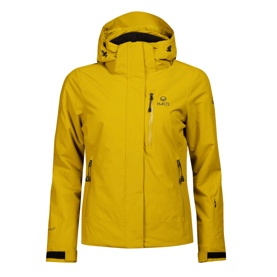Front view of the Halti Radius DrymaxX womens ski jacket in yellow, with zip pockets and black logo details.