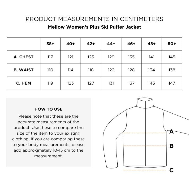 Halti Mellow Plus Puffer Ski Jacket Women’s size chart (chest, waist, hem in cm); features thermal insulation.