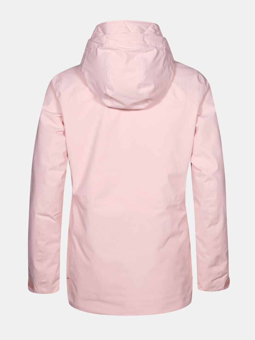 The Halti Gracer DX Ski Jacket Women's in light pink with a hood is shown from the back on a white background.