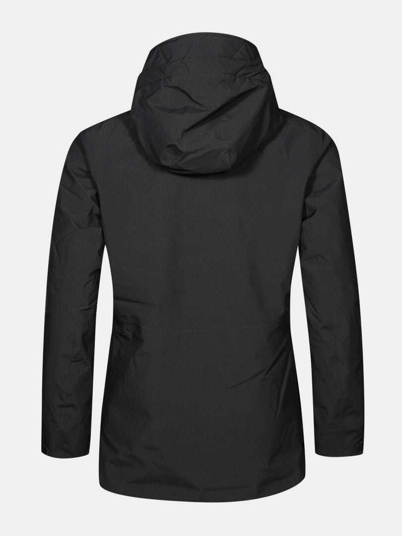 Back view of Halti Gracer DX Women's black ski jacket with long sleeves on a light gray background.