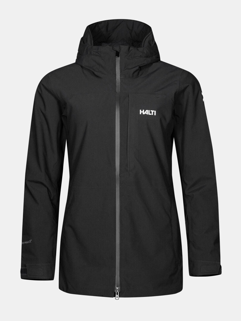 Halti Gracer DX Ski Jacket Women's in black: waterproof, hooded, front zipper, HALTI logo on chest, plain background.