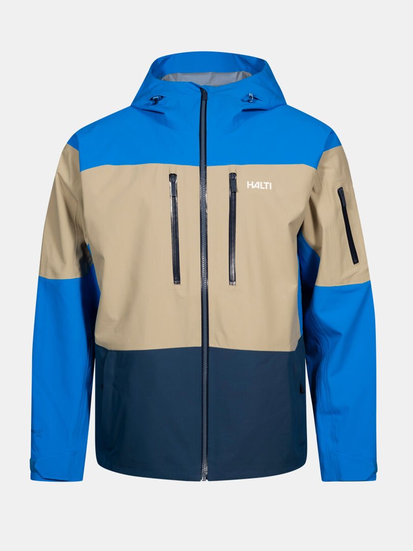 Halti Rizle 3L DX Unisex Ski Jacket with blue, beige & navy panels, hood, front zip & multiple zippered pockets.