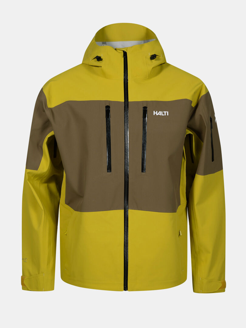 The Halti Rizle 3L DX Ski Jacket Unisex is yellow/olive, waterproof, with a hood, 4 zip pockets, and chest logo.