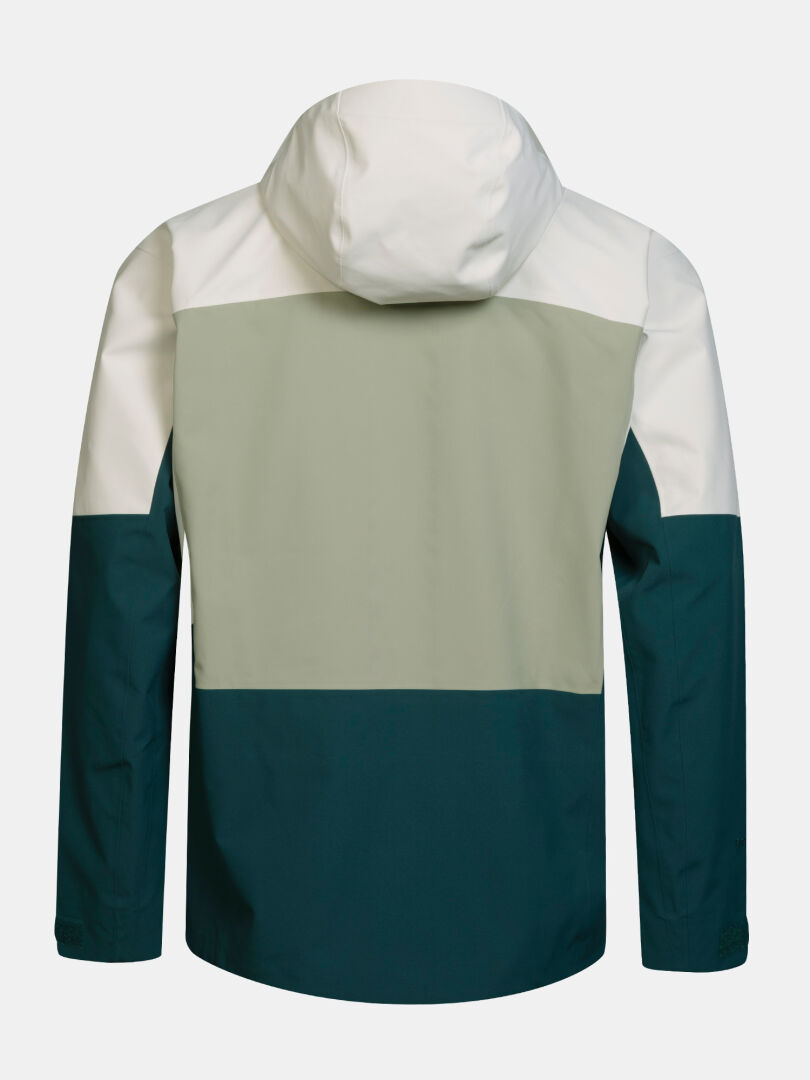 Back view of the Halti Rizle Unisex 3L DX Ski Jacket in cream, sage green, and dark teal color-blocking.