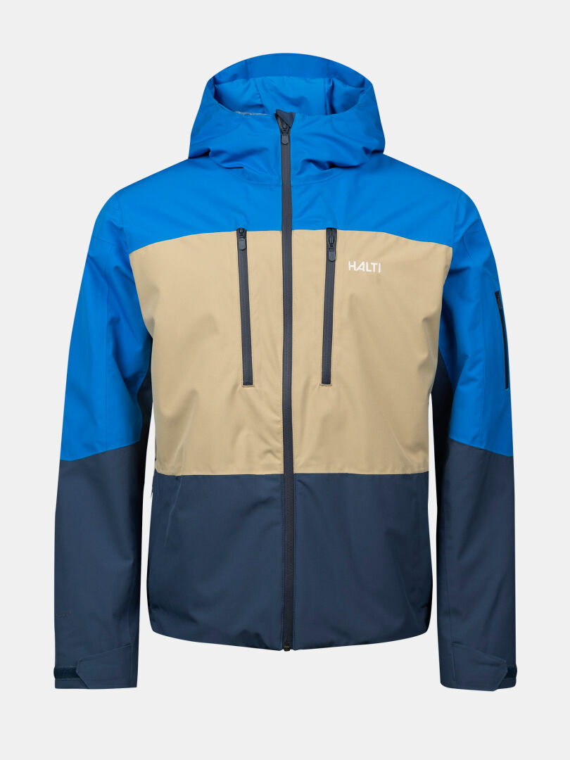 Halti Melvik Dx Ski Jacket Men's: waterproof, colorblocked in blue/beige/navy, hooded with front zip and chest pockets.