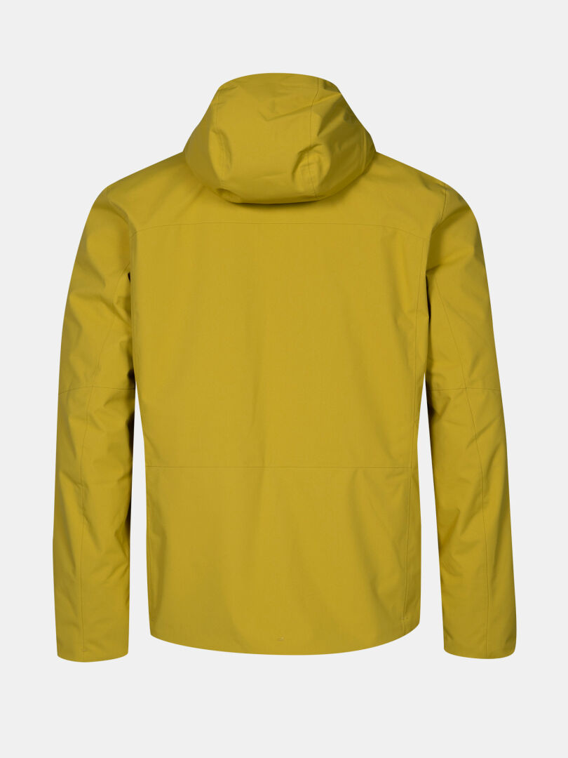 The Melvik Dx Ski Jacket Men's by Halti in yellow, insulated and waterproof, shown from the back on a white background.
