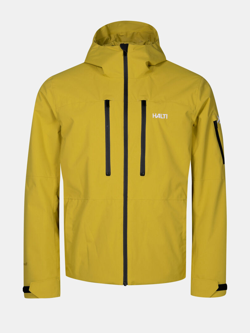 The Halti Melvik Dx Men's Ski Jacket is yellow, waterproof, with black zippers, insulation, and logo on the chest.